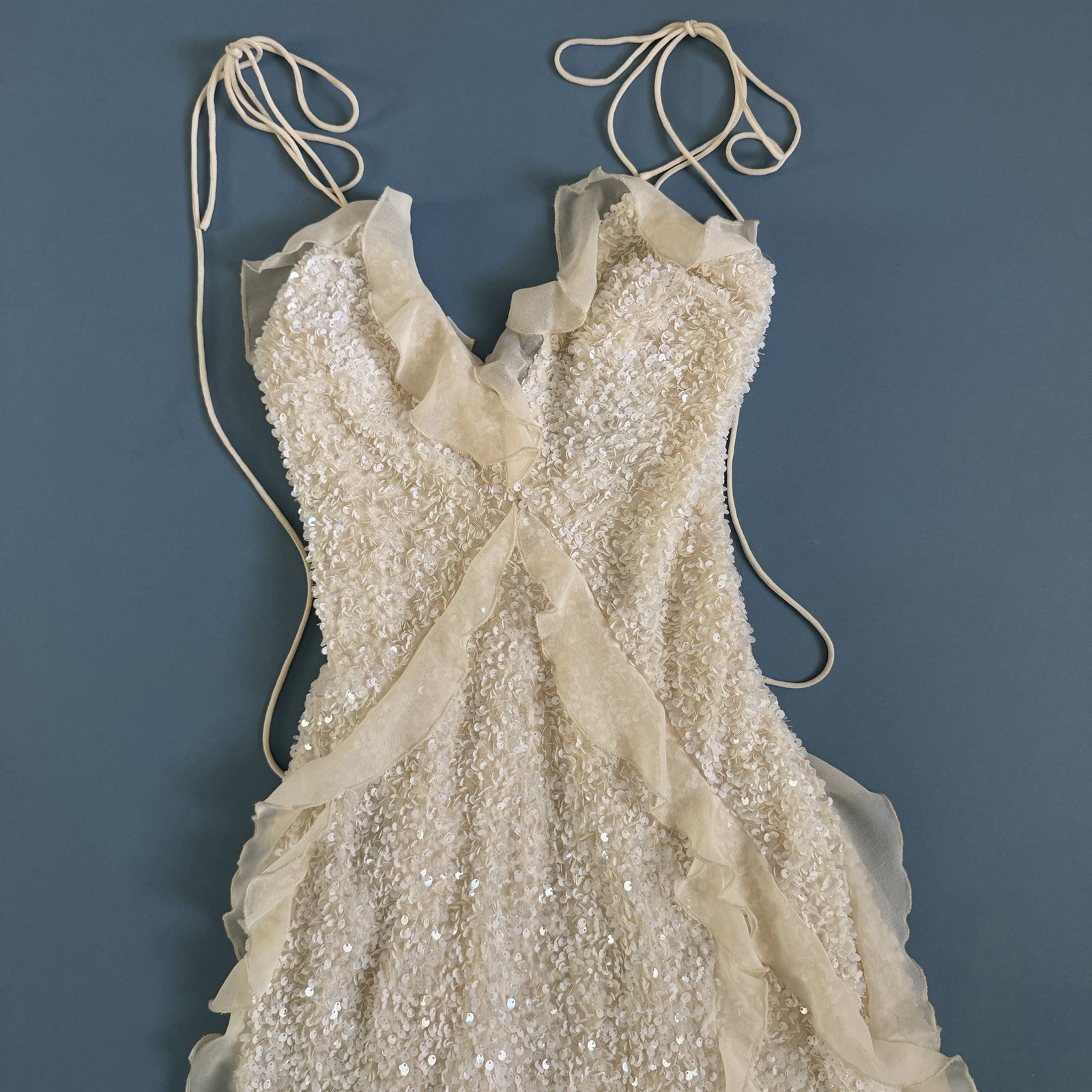 Bardot Marsella Ruffle Sequin Ivory Midi Dress NWT M Bridal Wedding Coquette