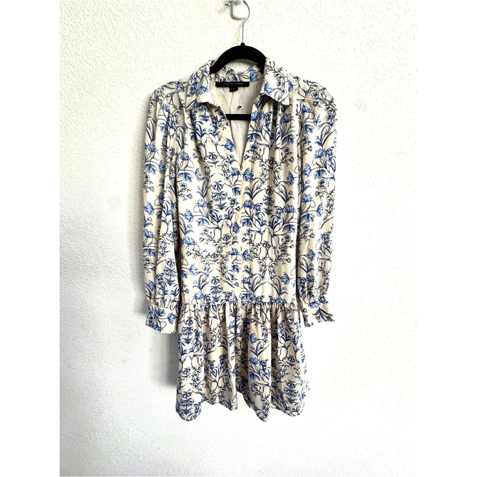 Cynthia Steffe Cream Dress with Blue Floral fit and flare long sleeve Medium