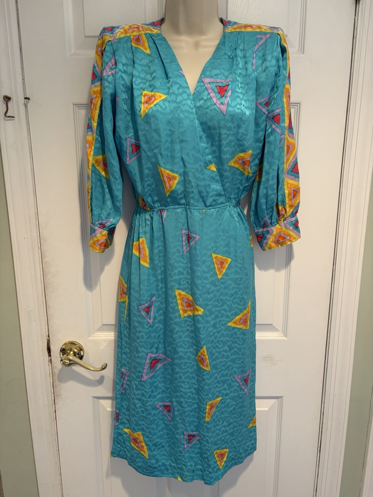 Adrianna Papell Vintage 100% Silk Teal Crown Tassel Print Belted Midi Dress 6