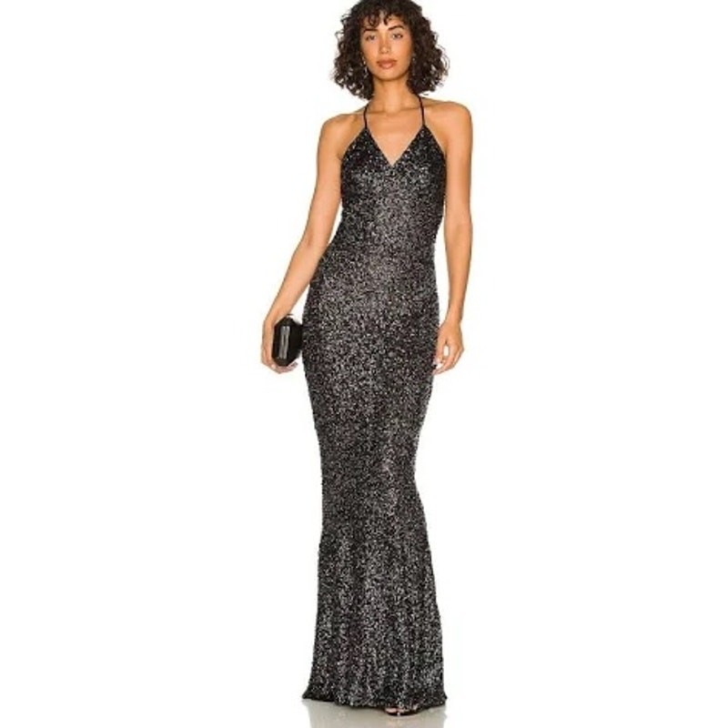 Norma Kamali Sparkle Sequin Low Back Fishtail Gown Black XL NWT Revolve Style
