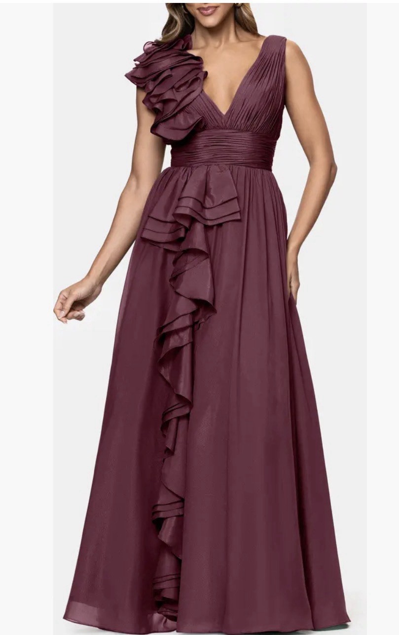 Xscape Evening Gown Ruffle Organza Size 14 – wine Plum burgundy