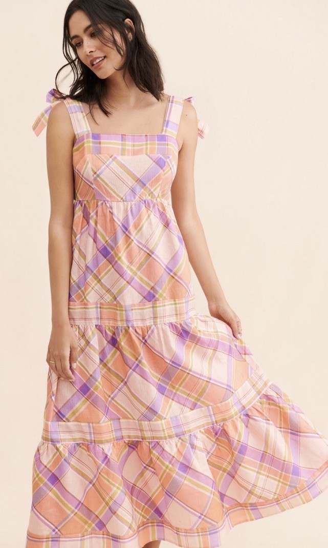 Anthropologie Kachel Tie Strap Linen Maxi Dress Pink Peach Purple Plaid Sz M