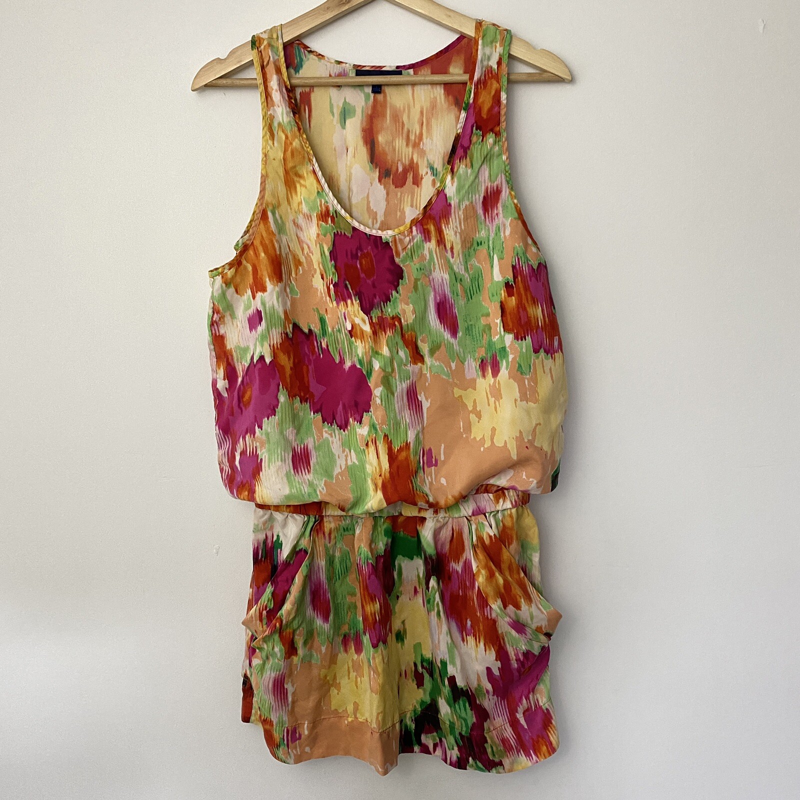 Martin + Osa Multicolored Overlay Top Elastic Waist Silk Sleeveless Dress S Guc