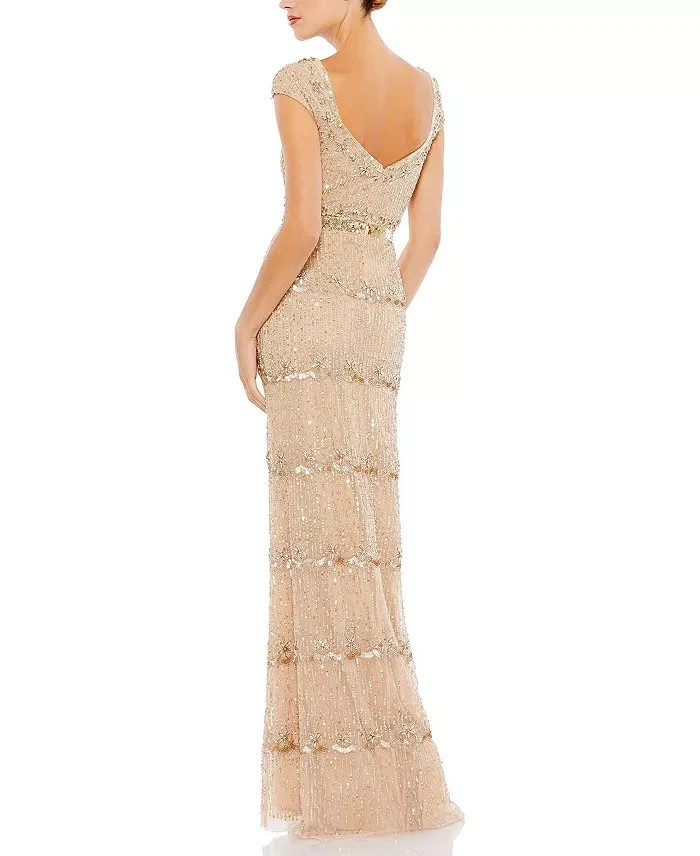 Mac Duggal Nude Beige Gold Cap Sleeve Embellished Column Gown Size 10 $698
