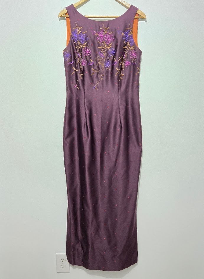 Vintage Y2K 90s Purple Floral Embroidered Satin Hoco Prom Dress Sz 10 Sleeveless