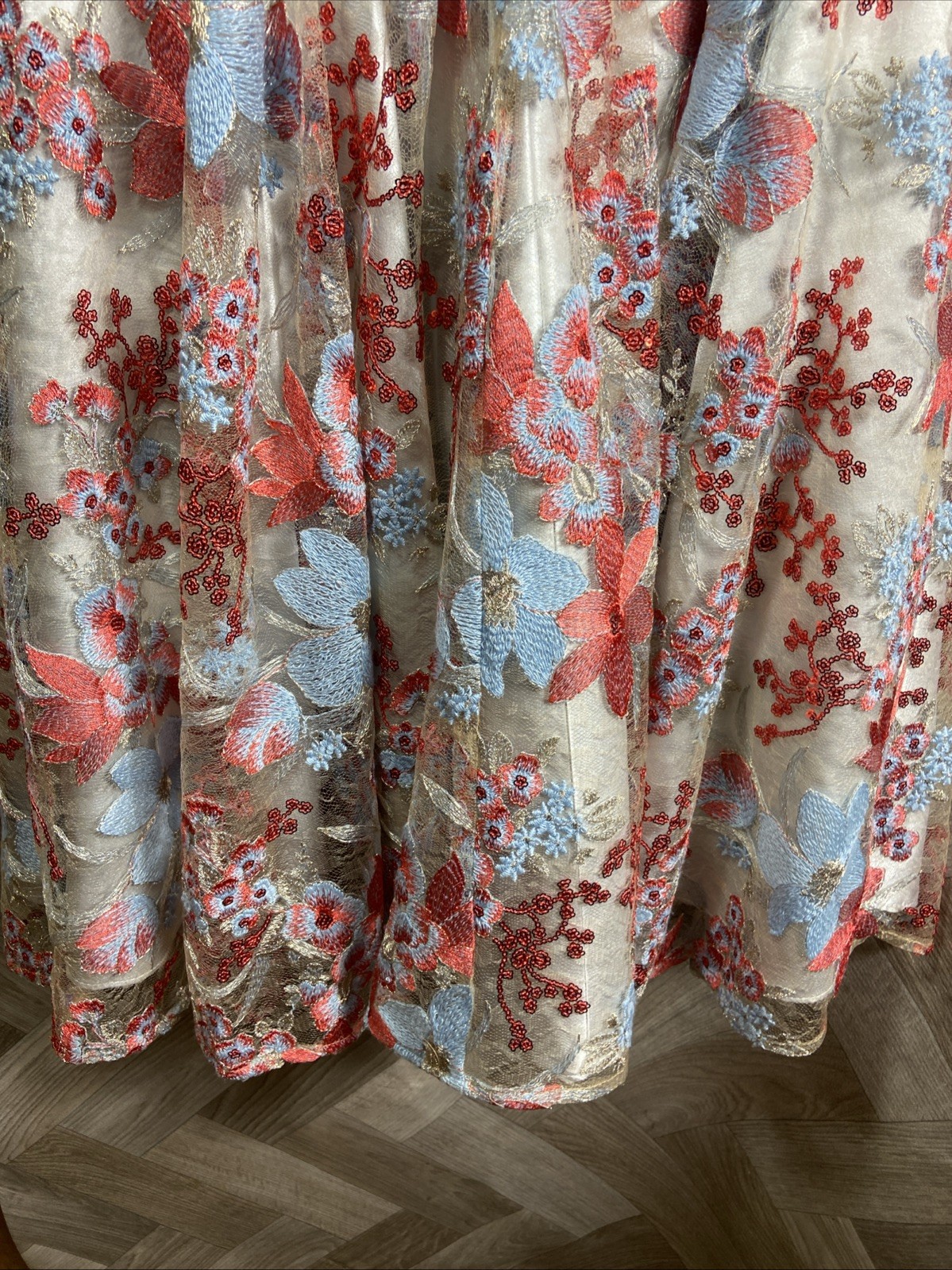 Tahari by Arthur S Levine Flared Dress Blue/Red Floral Embroidery/Sequin Size 14