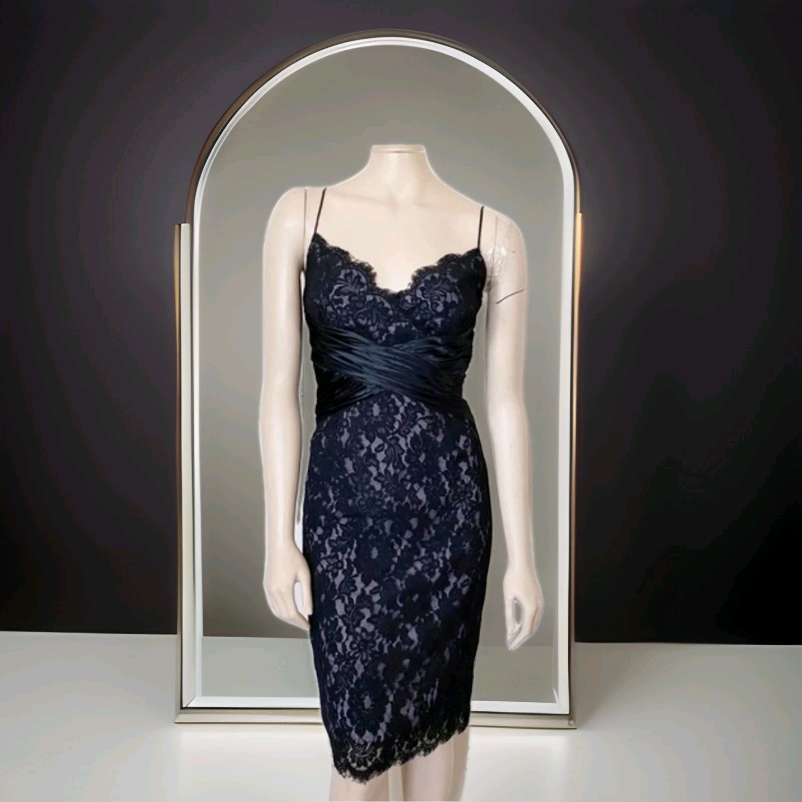 Anne Klein Black Lace Spaghetti Strap Sheath Dress Silk Satin Waist Sz 16