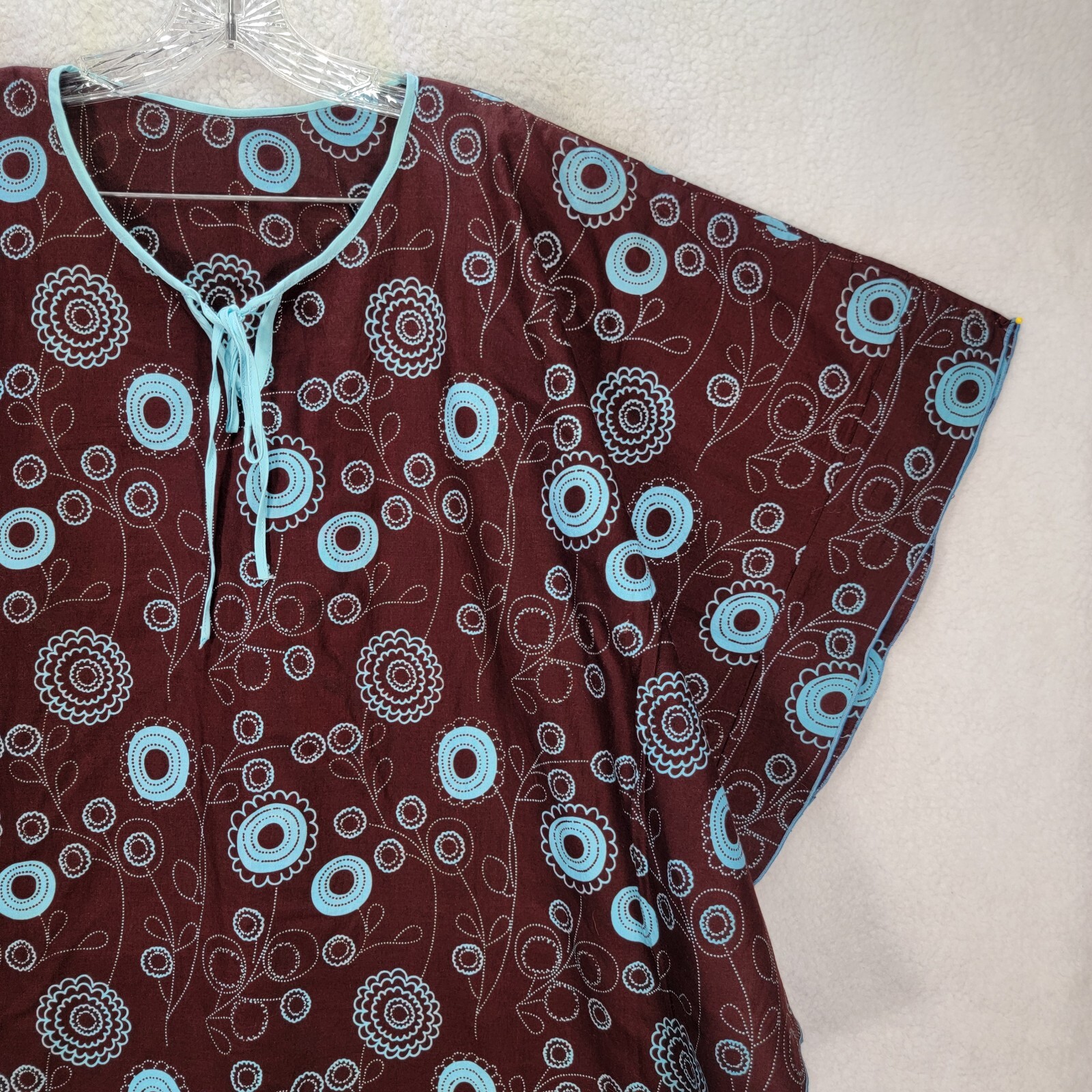 Brown Cotton Floral Retro Slit Flutter Kaftan Midi Eccentric Women Dress Size XL