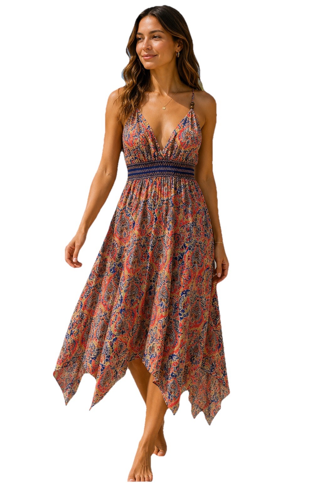 Miss Me S Double V Smocked Waist Boho Sleeveless Dress Handkerchief Hem Sundress