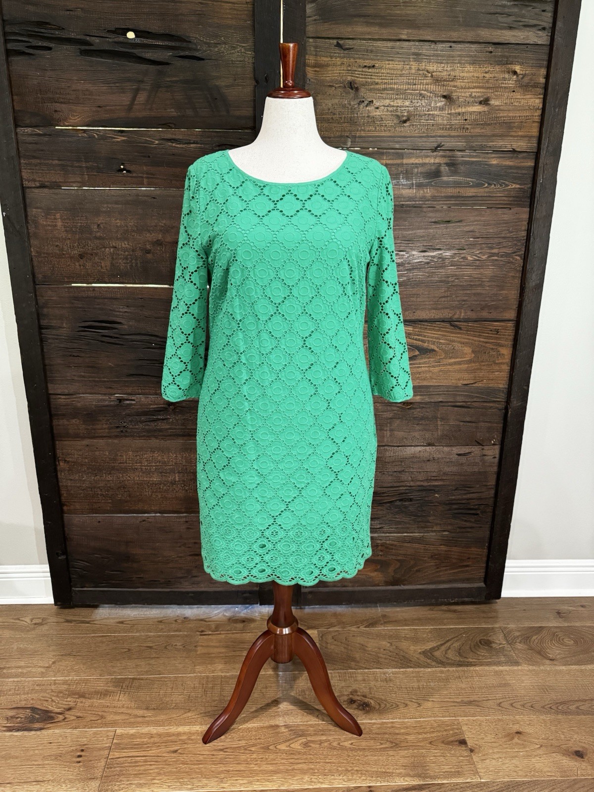 Talbots Women’s Green Solid Lace Shift Knee Dress Scoop Neck 3/4 Sleeve 14