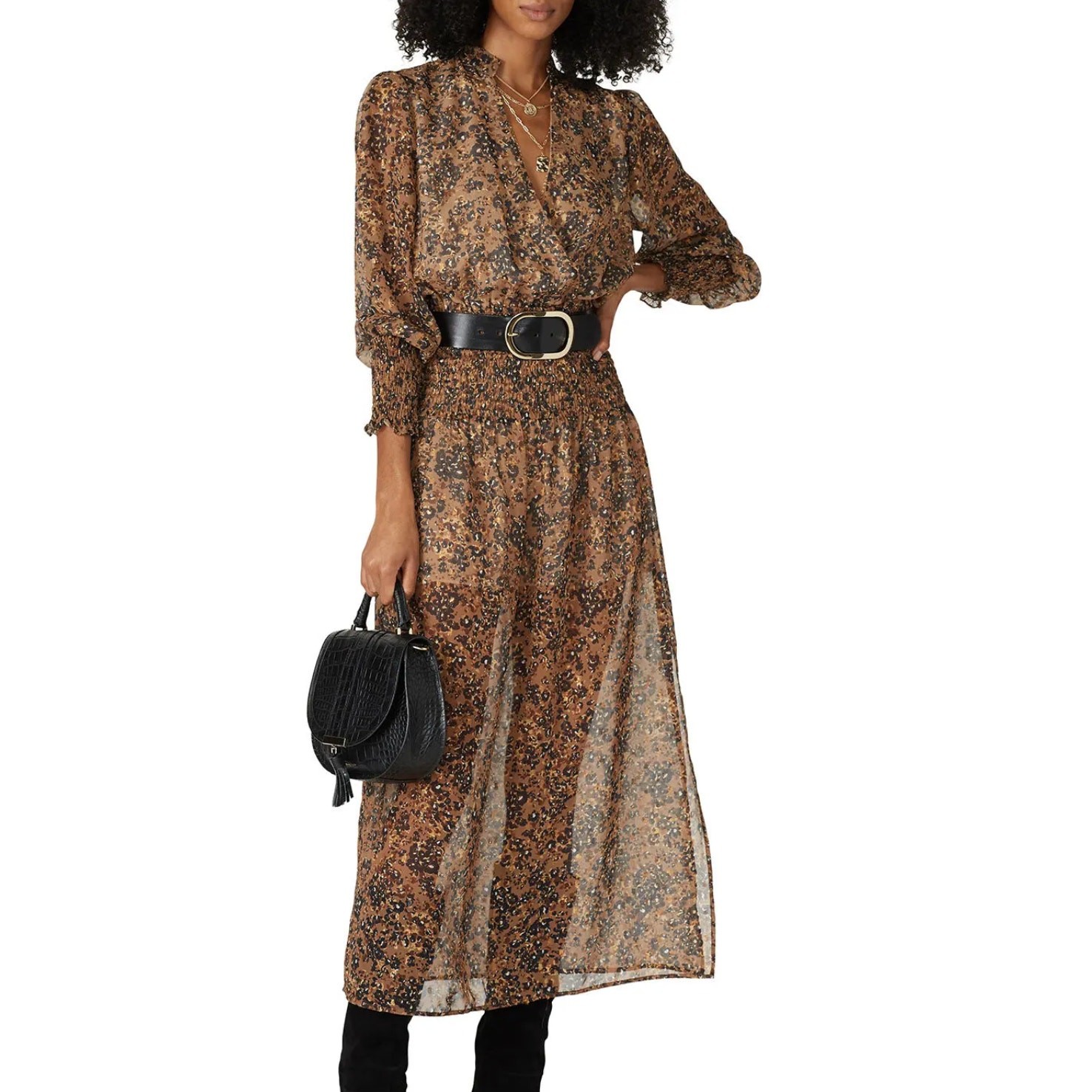 Waverly Grey Brown Floral Midi Dress XS Cottage Western Smocked Designer $231