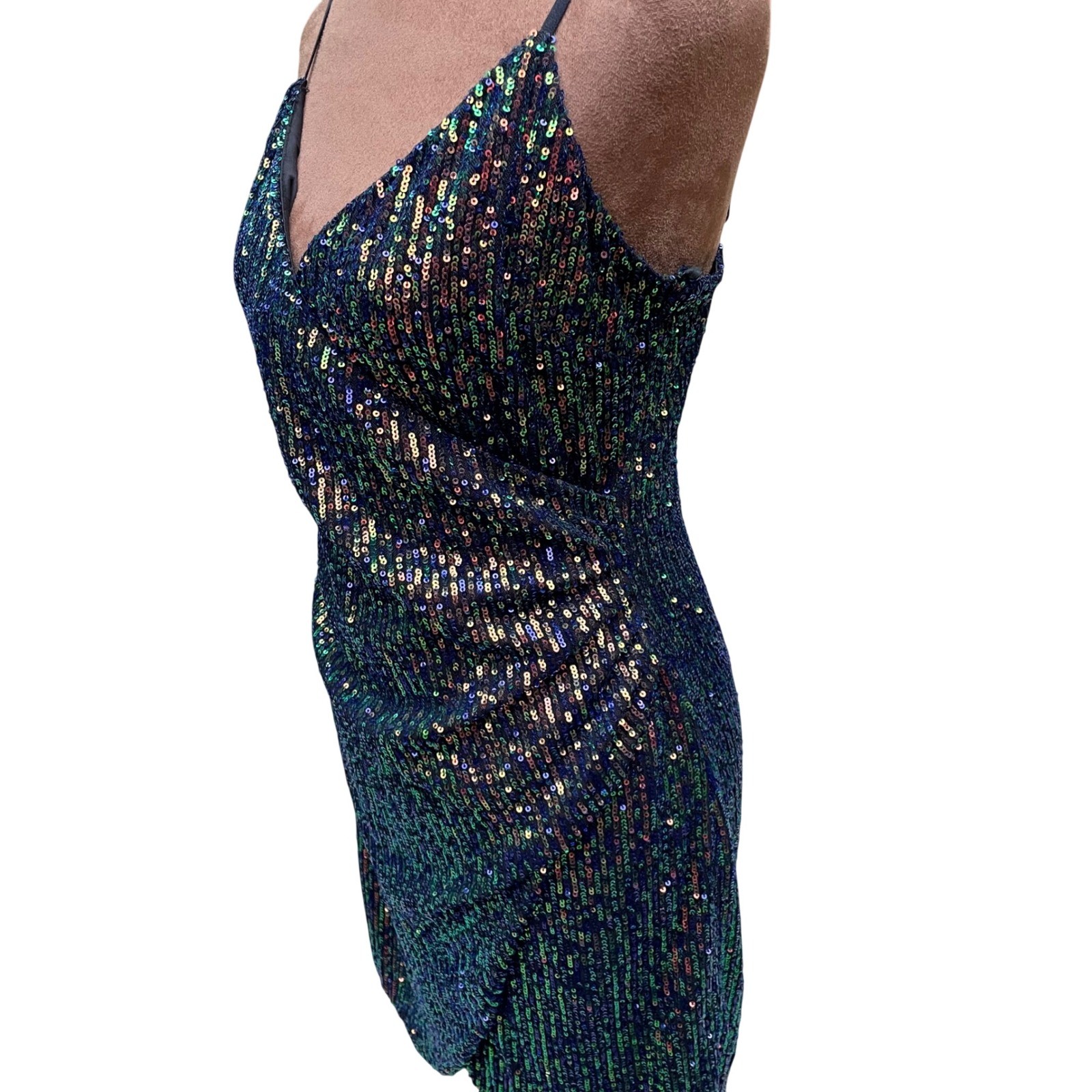 City Triangles Sequin Wrap Mini Dress Size 11 Iridescent Peacock Blue Green Y2K