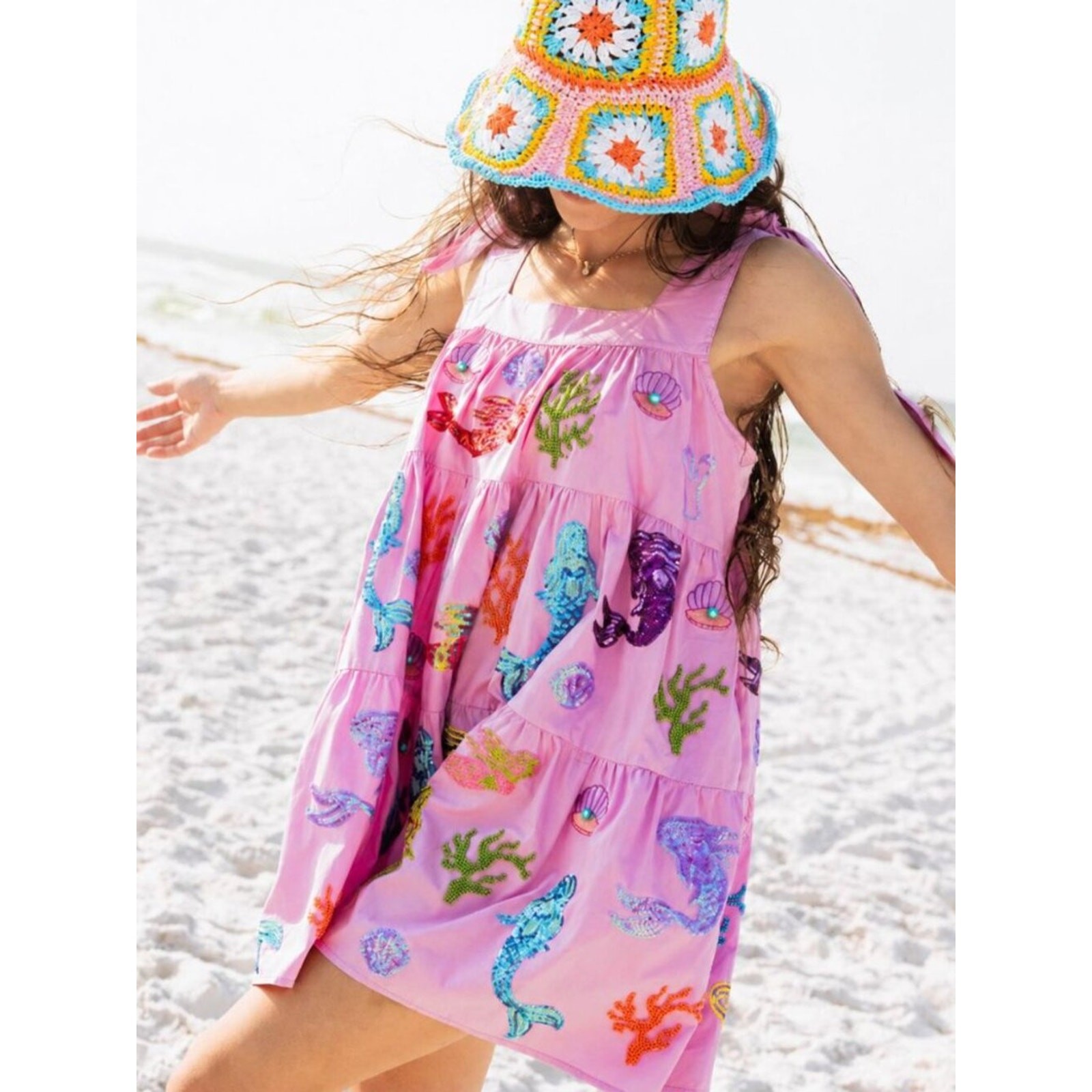 Queen of Sparkles Mermaid & Sea Tie Dress Shell Sequin Strap Lavender Size L
