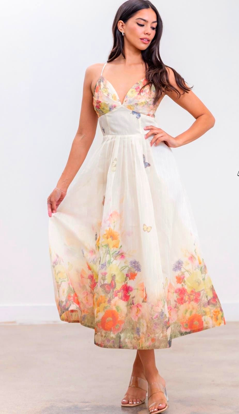 Ivory Floral Chiffon Midi A-Line Dress V-Neck Strappy Sleeveless Zip Women’s