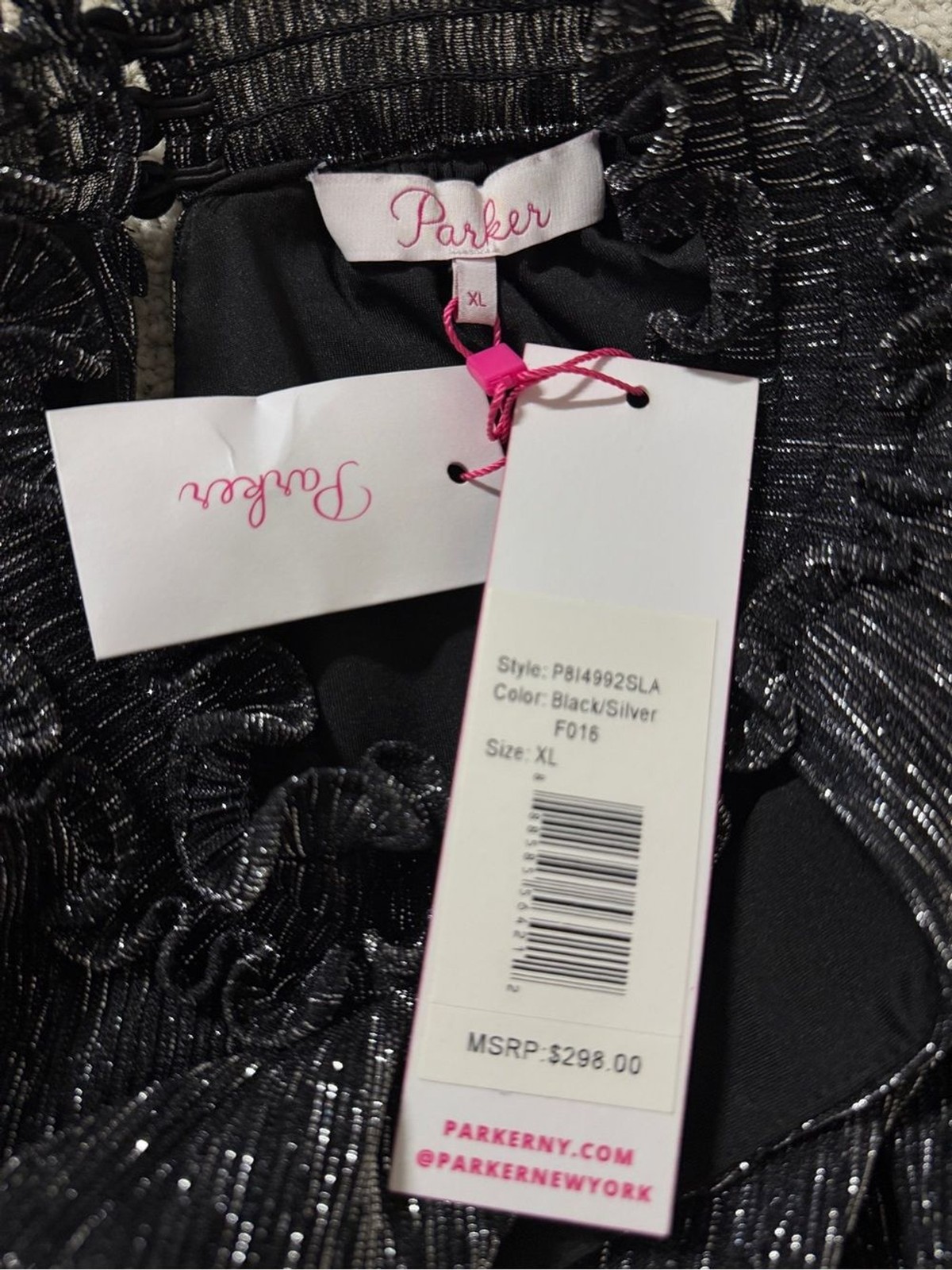 Parker New York Metallic Pleated br Ruffle Mini Dress Black Silver Size XL NWT