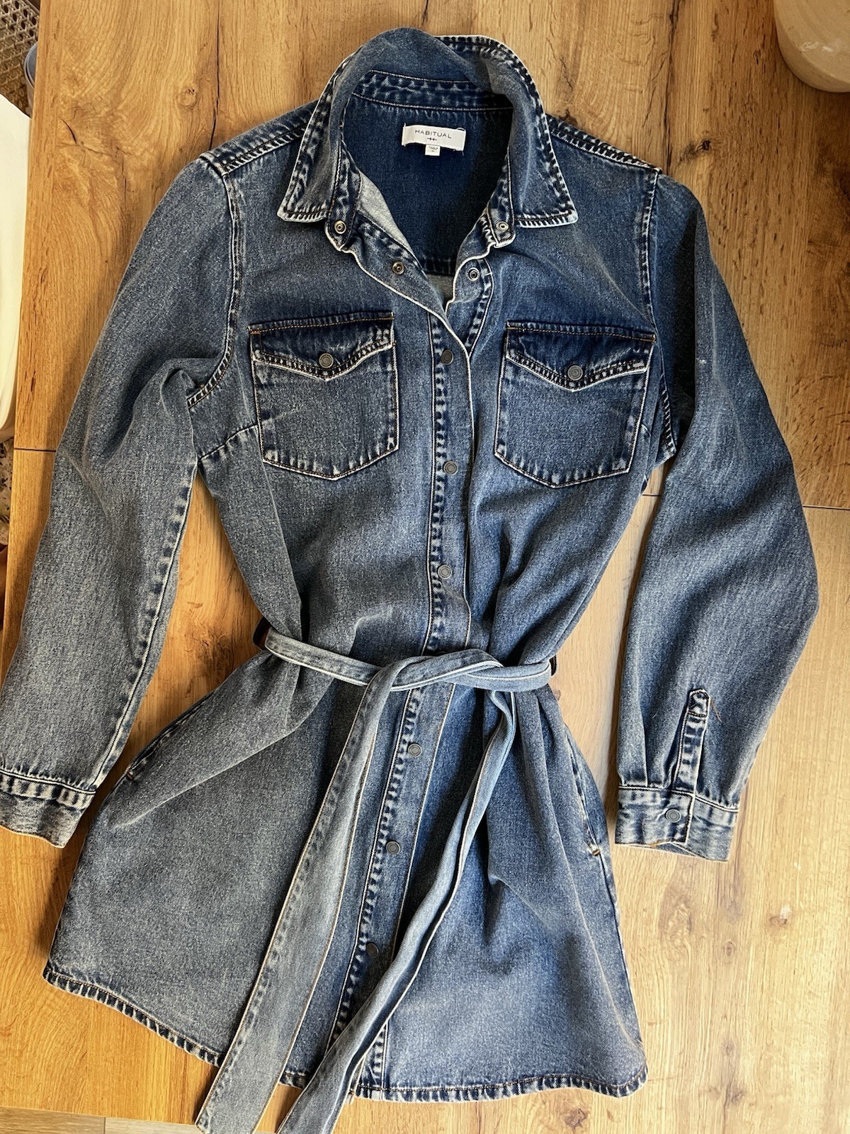 Habitual Blue Solid Denim Shirt Dress S Collared Long Sleeve Button Belted