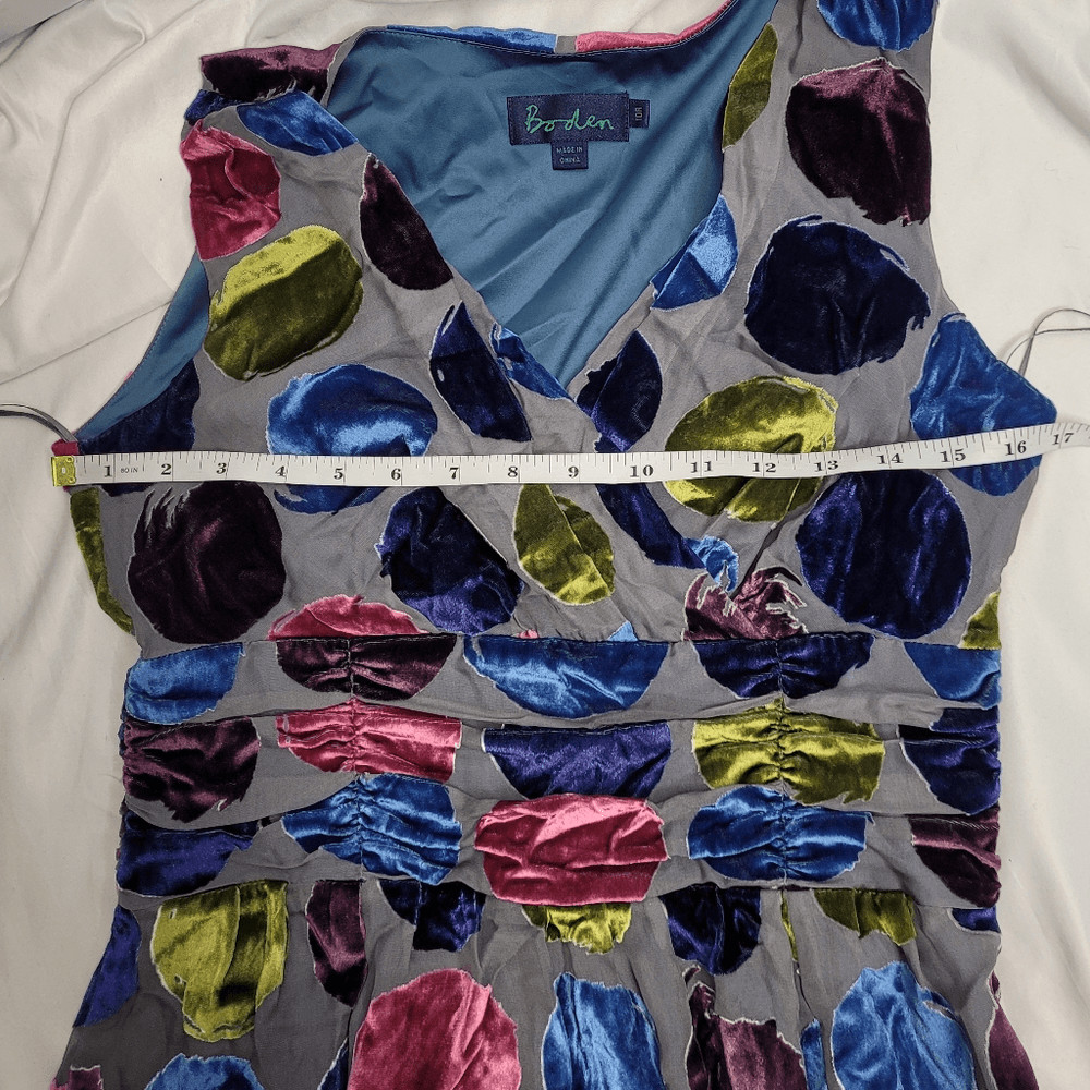 BODEN velvet polka dot silk sleeveless shirred waist v-neck dress 6