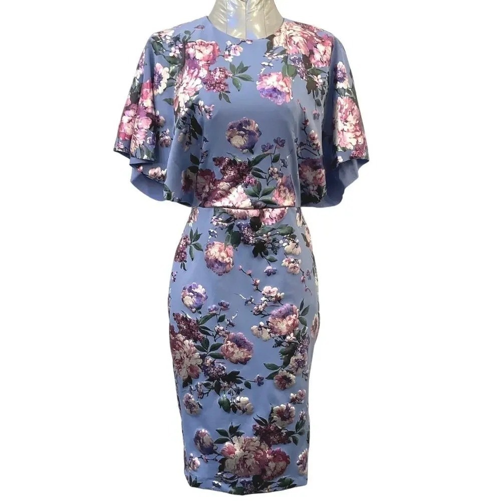Black Halo Womens Floral Dress Size 10 Blue Pink Satin Fit Midi (742)