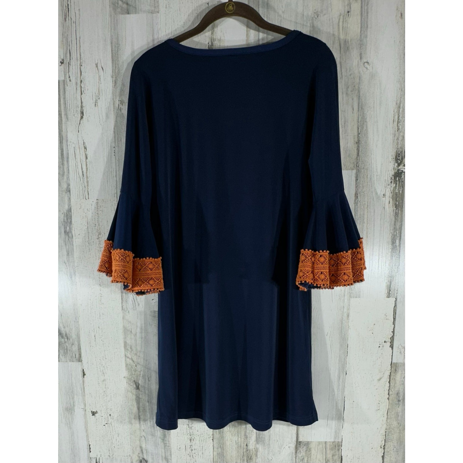 Judith March Shift Dress Size Medium Navy Blue Orange Crochet Flounce Sleeve