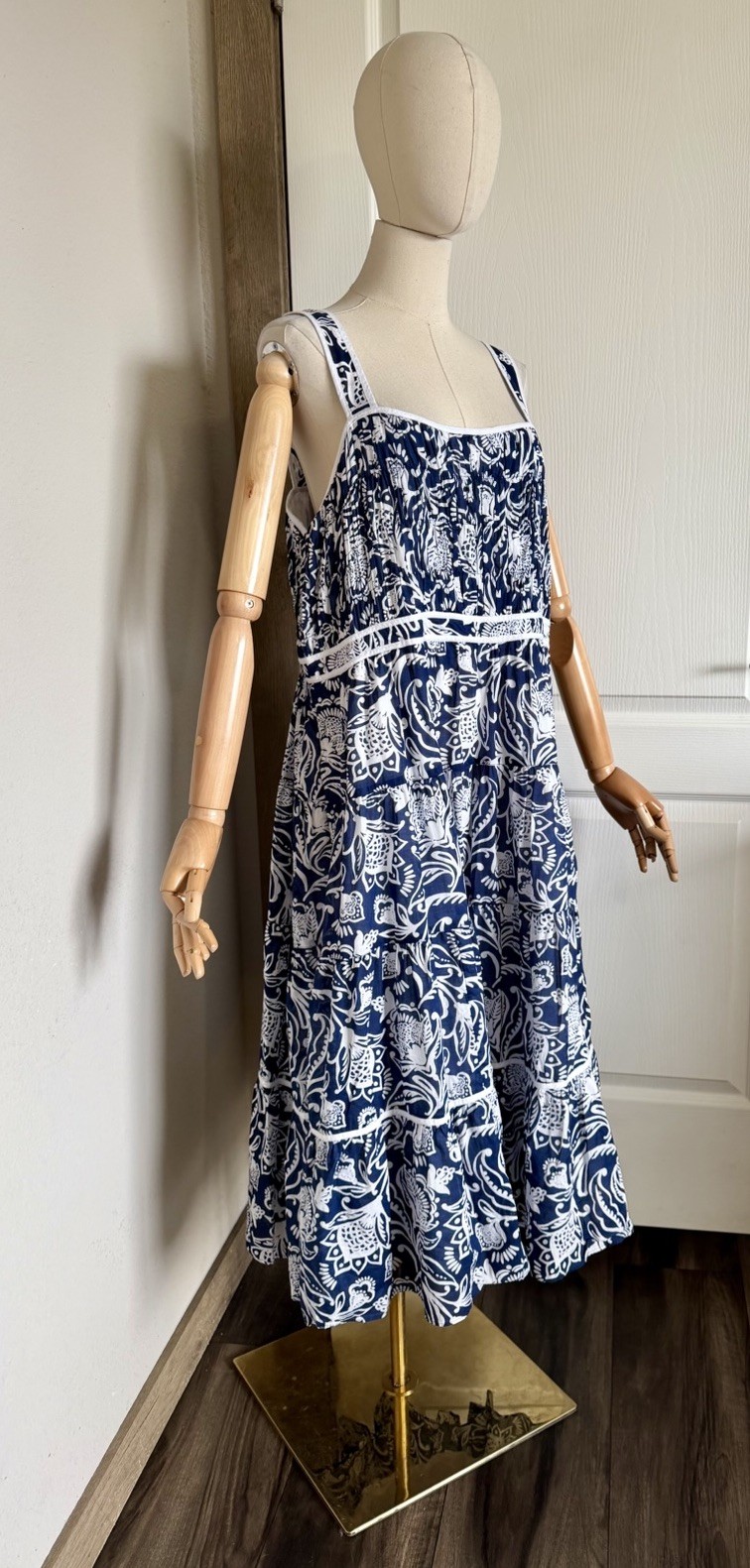 Talbots Size 16 Tiered Fit & Flare Dress Distressed Jacobean Navy White