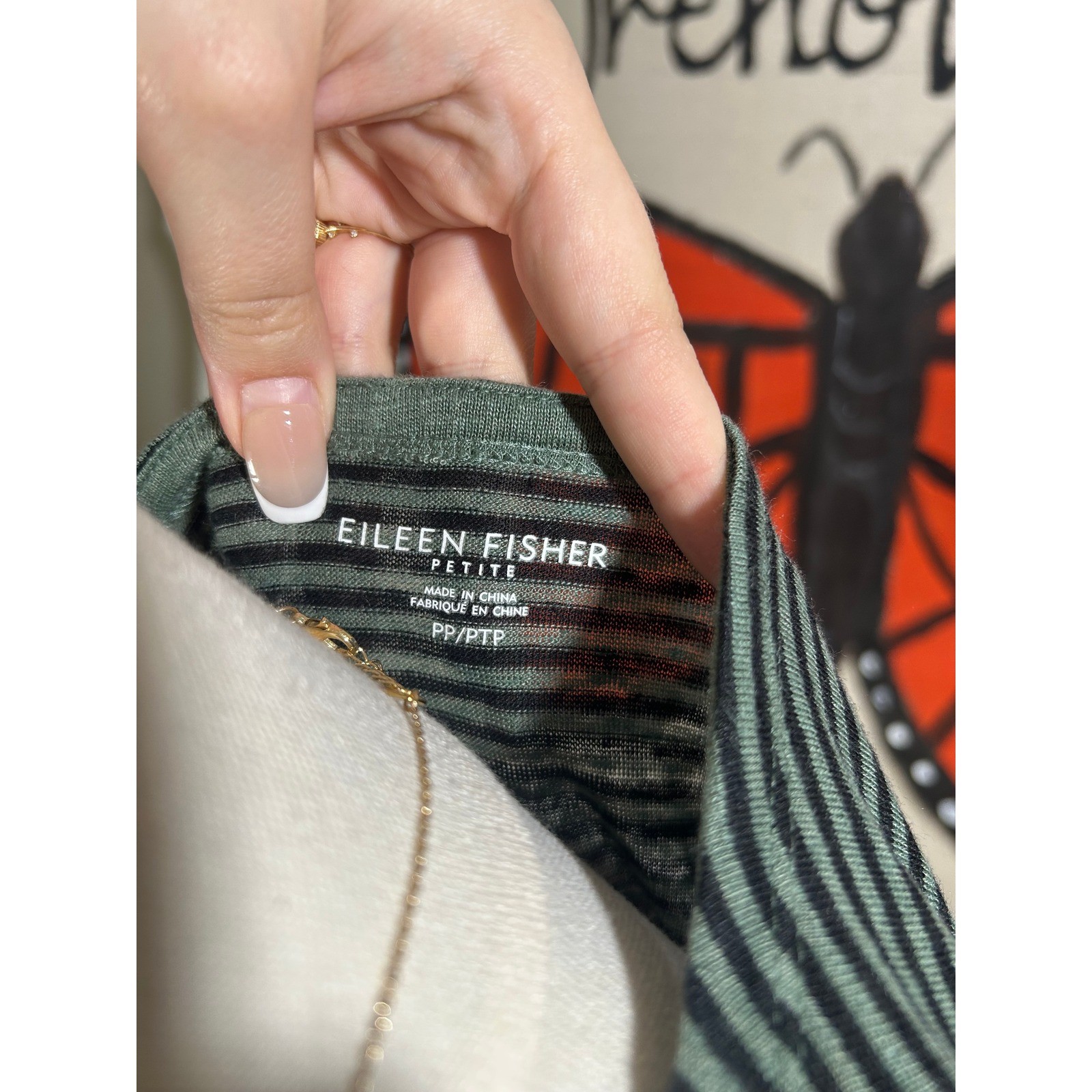 Eileen Fisher Petite PP Striped Linen Dress Green Black Short Sleeve Pocket