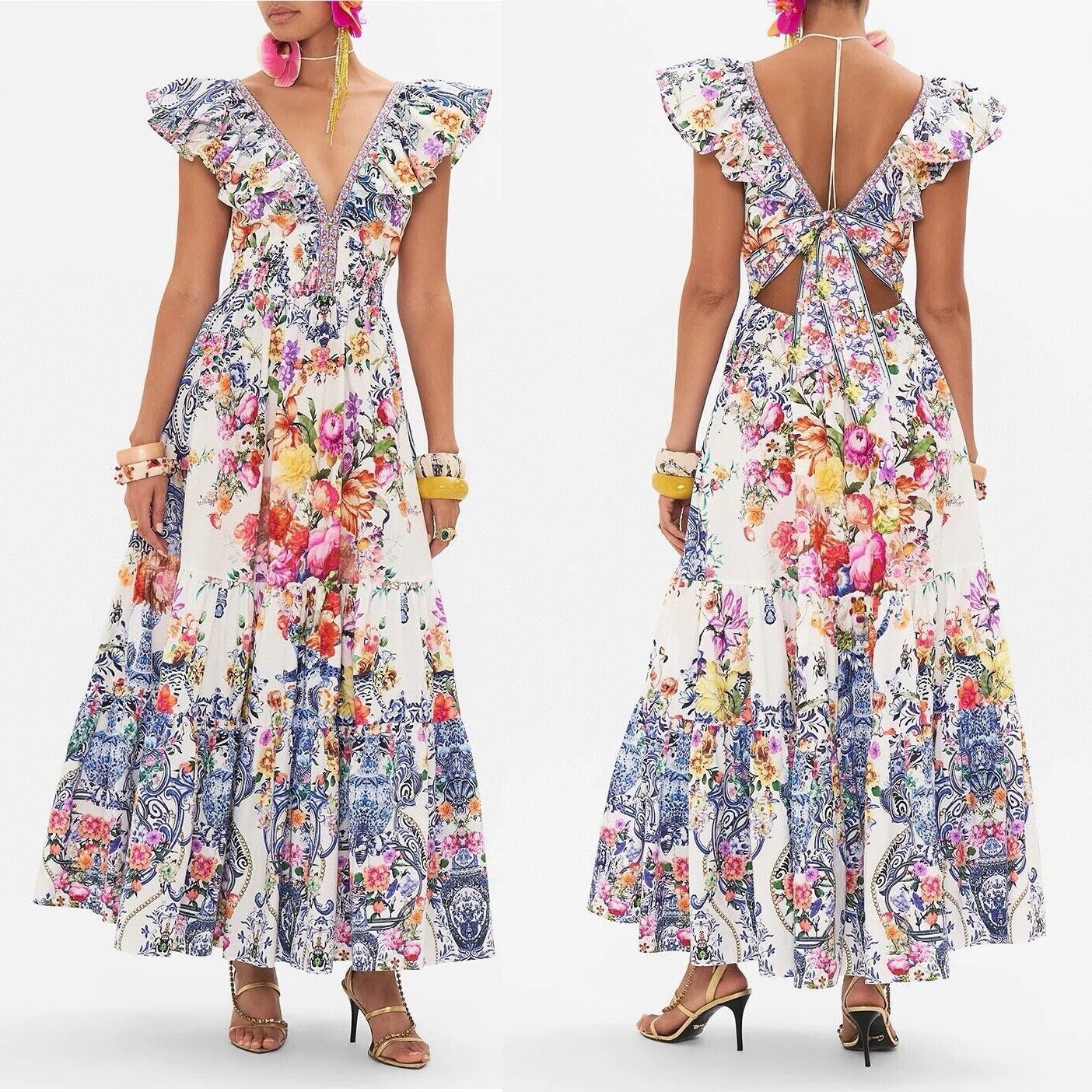 CAMILLA “Dutch Is Life” Tiered Frill Cotton V-Neck Open Back Maxi Dress, L $899