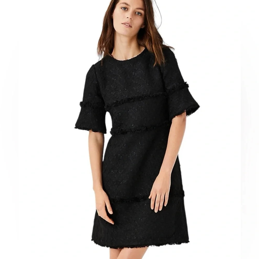 Ann Taylor women’s dress size 2P black tweed frayed trim shift mini half sleeve
