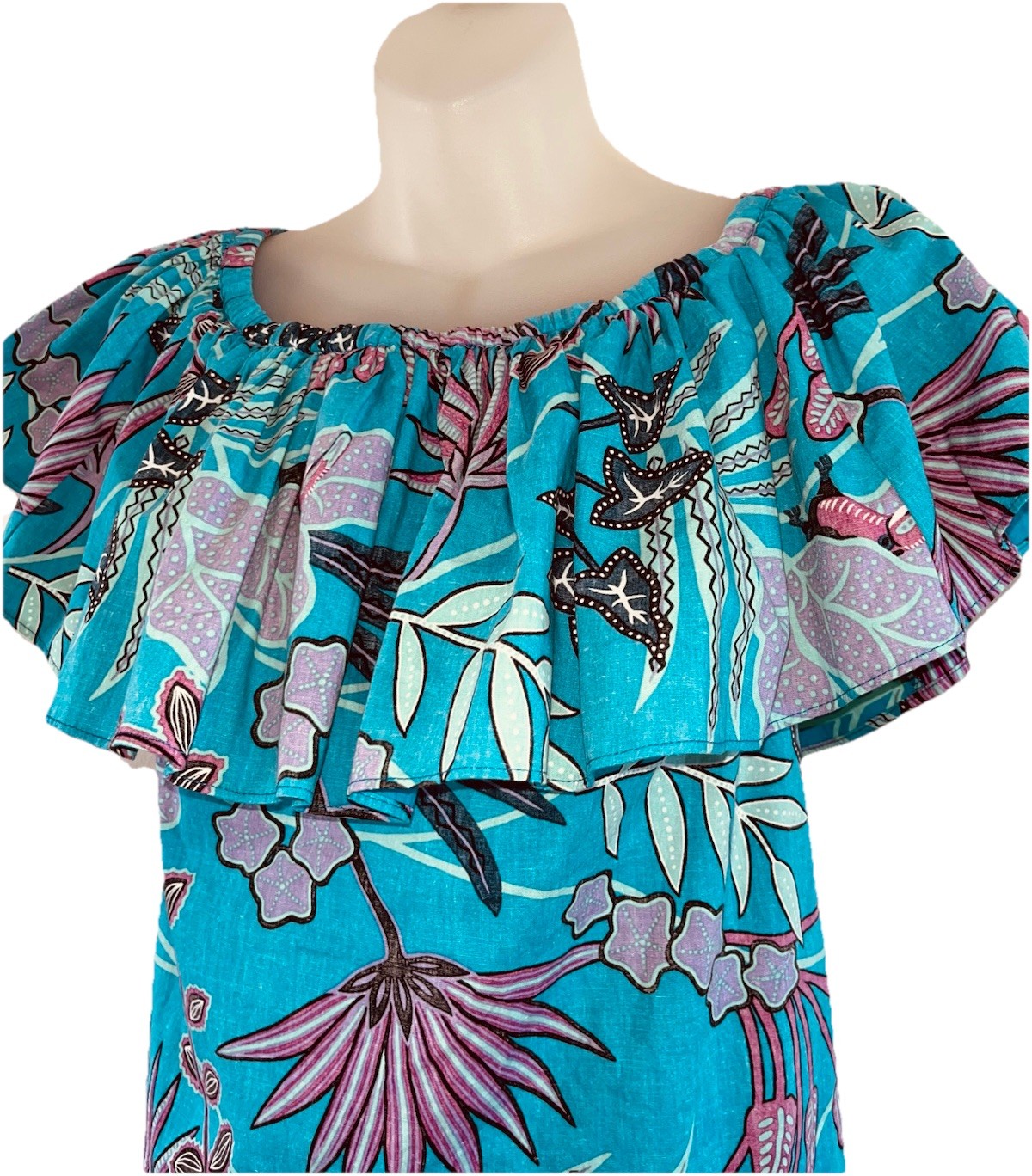 Vtg REYN SPOONER Ruffle Top Reverse Cloth Hawaiian 🌺 Dress Turquoise-Sz Medium