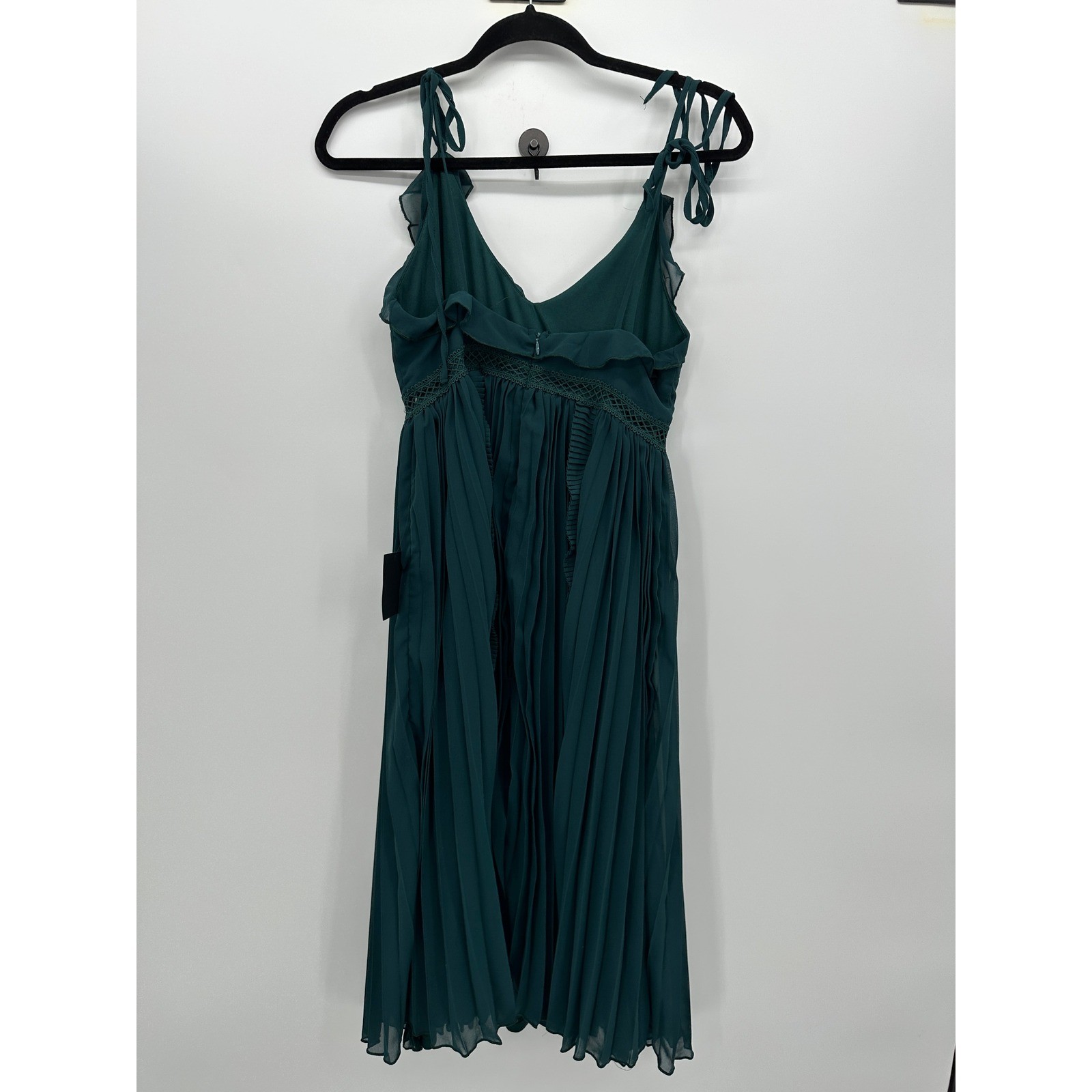 Lulus Forest Green Pleated Ruffle Midi Dress D1778 Tie Strap Womens Medium