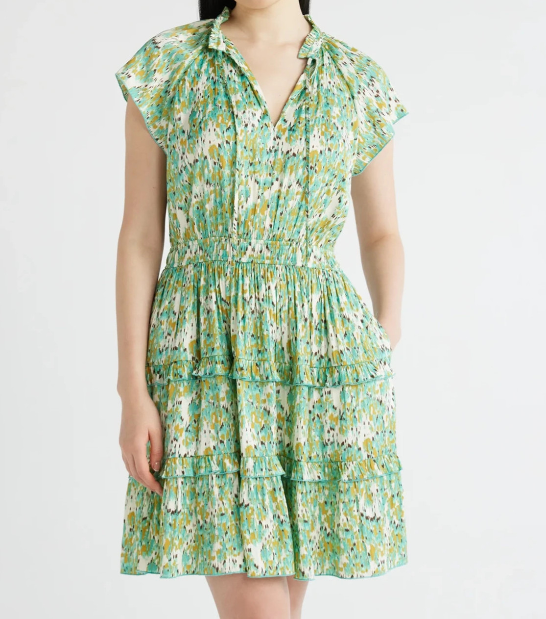 Scoop Womens Mini Dress Size S Blurred Ikat Opal Tiered Ruffle Cap Sleeve Satin