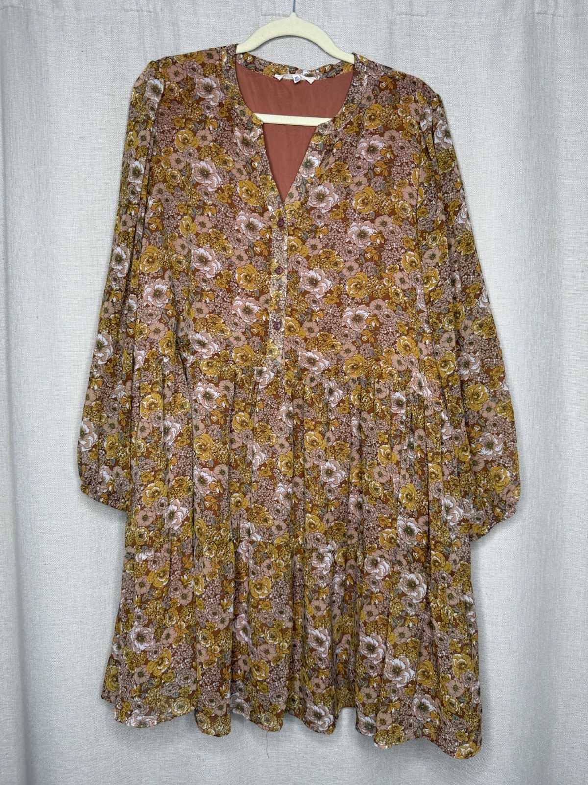 Indigo Soul Dress Women’s 2XL Brown Yellow Floral Boho Short Babydoll Hippie