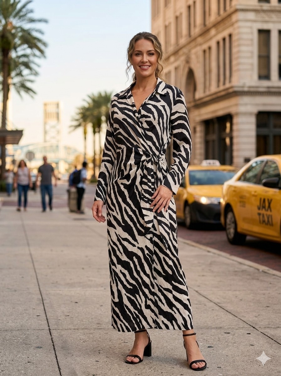 NWT 12th Tribe Wrap Maxi Dress Collared Zibra Print Long Sleeve M Cream Black