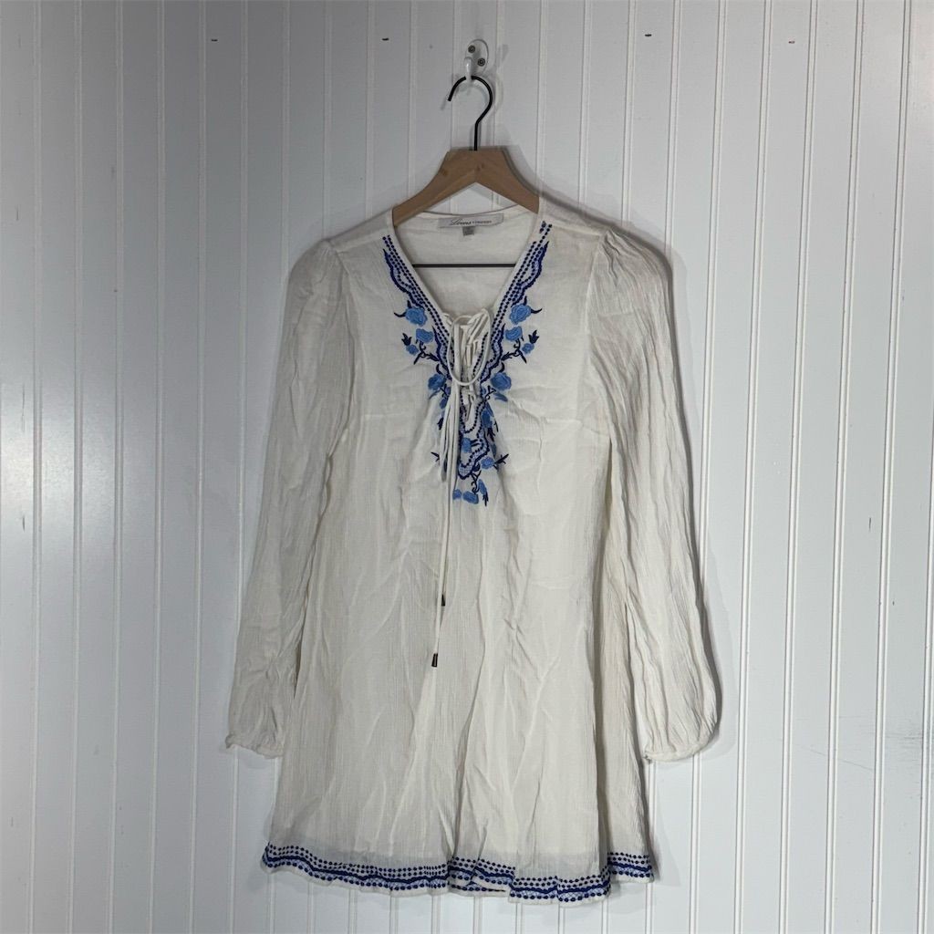 Lovers + Friends White Embroidered Tunic Dress XS Boho Peasant Top Festival Vibe