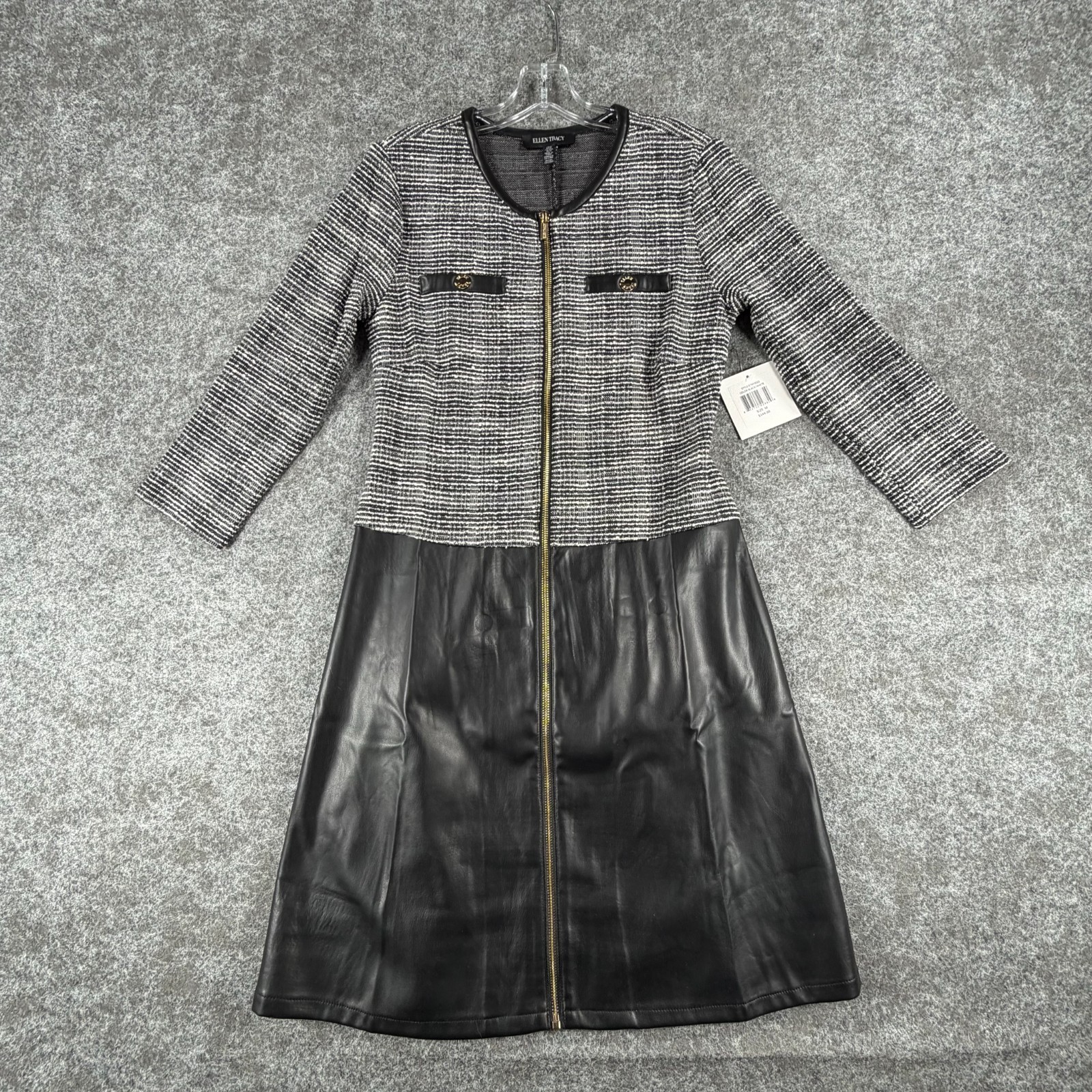 Ellen Tracy Shift Dress Womens M Black White Stretch Jacquard Knit Faux Leather