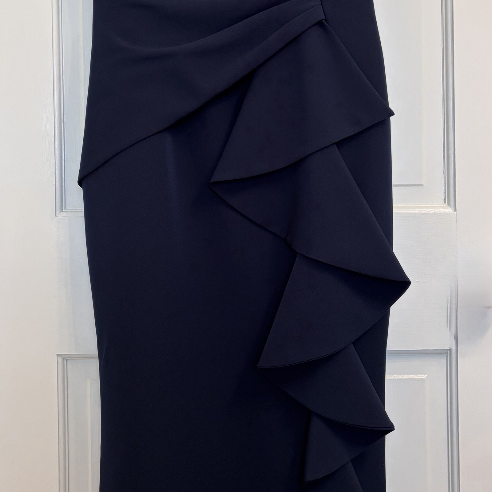 Eliza J Ruffle Front Gown Navy Blue Sleeveless Evening Dress Size 4 – Hemmed