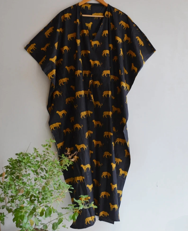 Indian Tiger Printed Kaftan Cotton Hippie Maxi Women Nightwear Caftan Dress