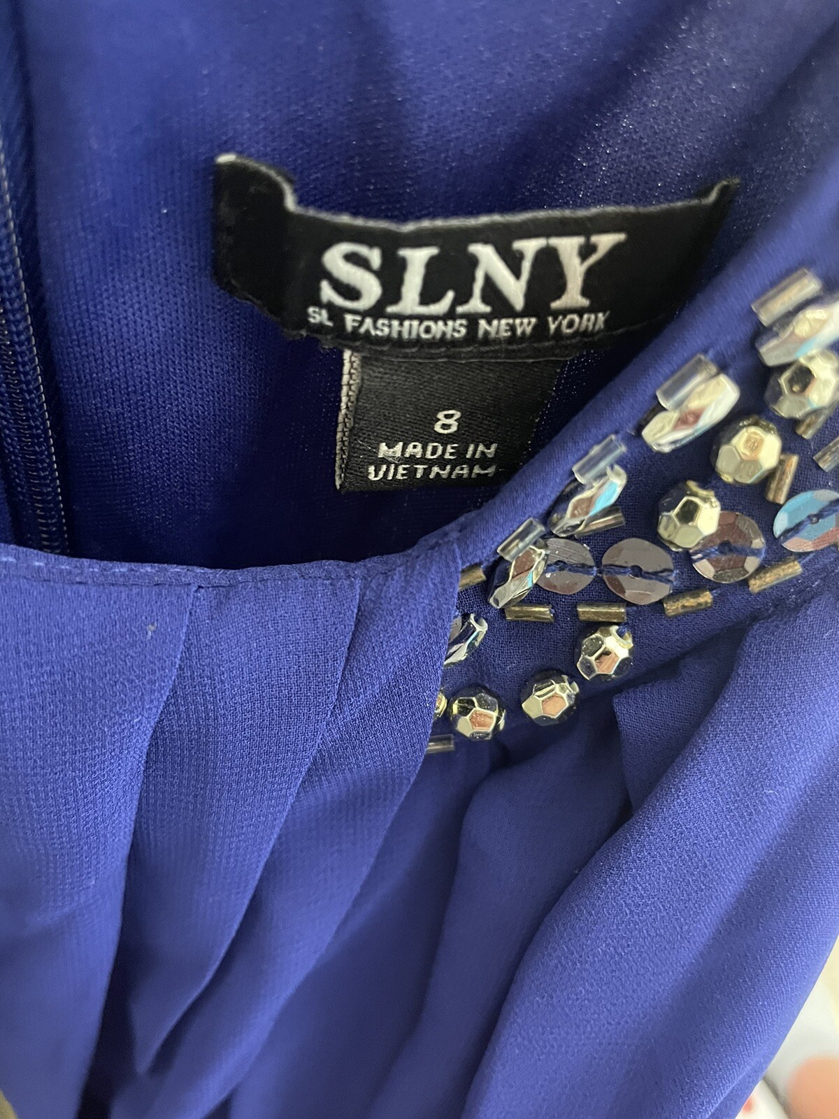 SLNY Ignite Evenings Beaded Braid Halter Neck Chiffon Ruffle Dress Size 8 NWOT
