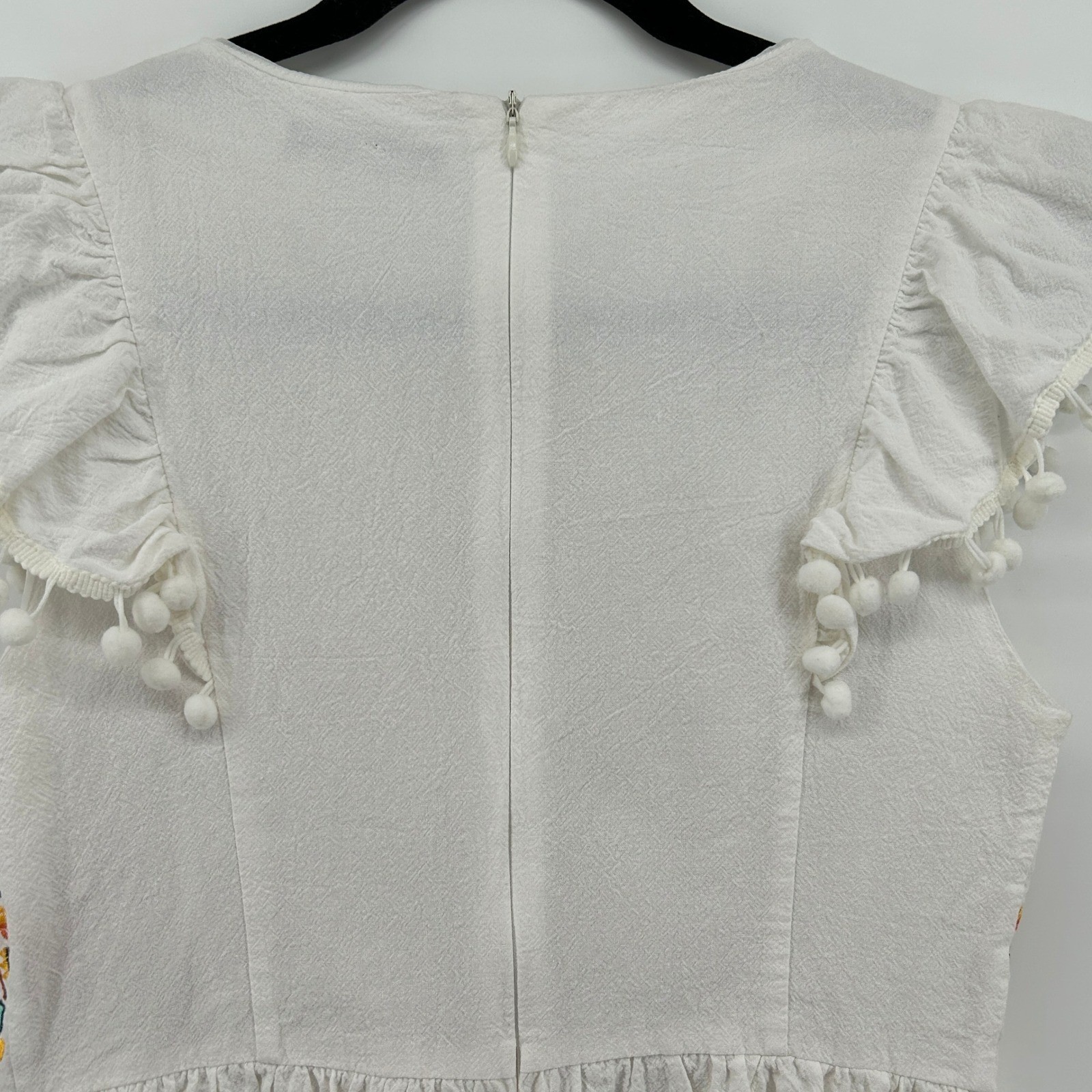 SHEIN White Colorful Embroidered Pom Pom Ruffle Mini Dress Cotton Med Boho Aztec