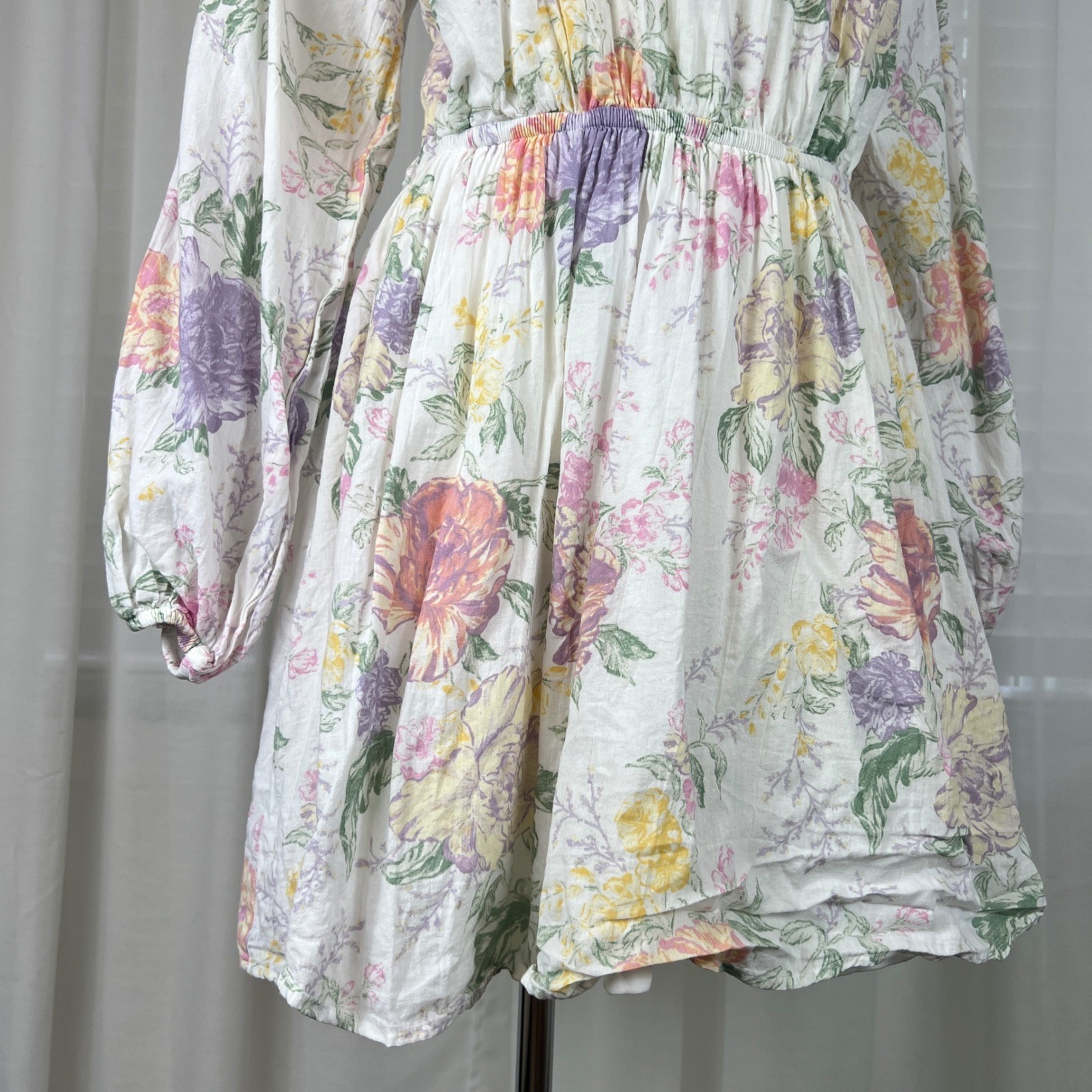 H&M Divided Floral Open Back Mini Dress White Pink Yellow Cotton Size S Small