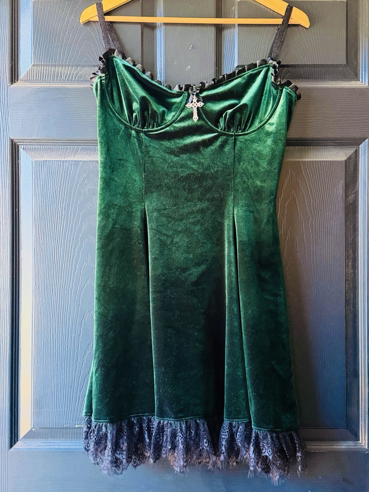 Dolls Kill Widow Blind Faith Dress Green Velvet Lace Milkmaid Goth L