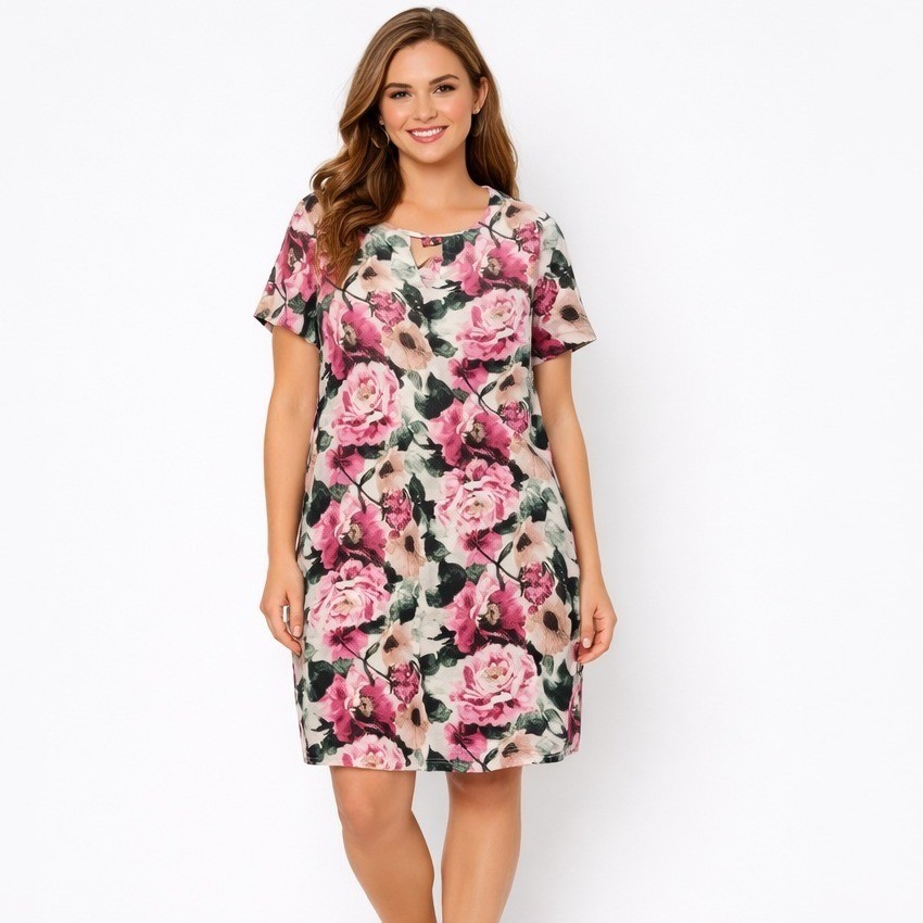 Valentina Naldi Floral Linen Shift Dress Womens L Italy Rose Lagenlook Cottage