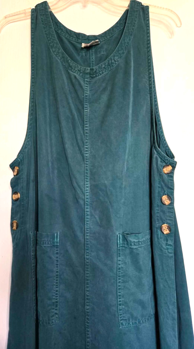 Amy K Su AKS Tencel Pinafore Jumper Maxi Buttoned Pockets Green Dress L Pet A900