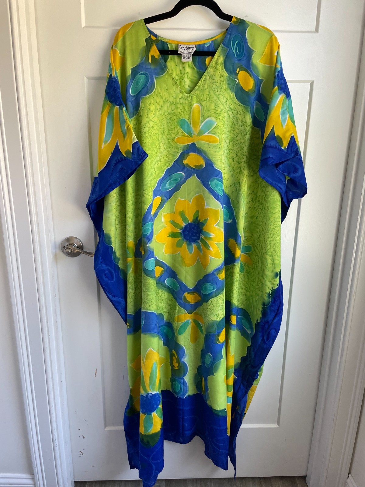 Vintage Saybury Kaftan Dress One Size Womens Green Blue Floral Maxi Muumuu India