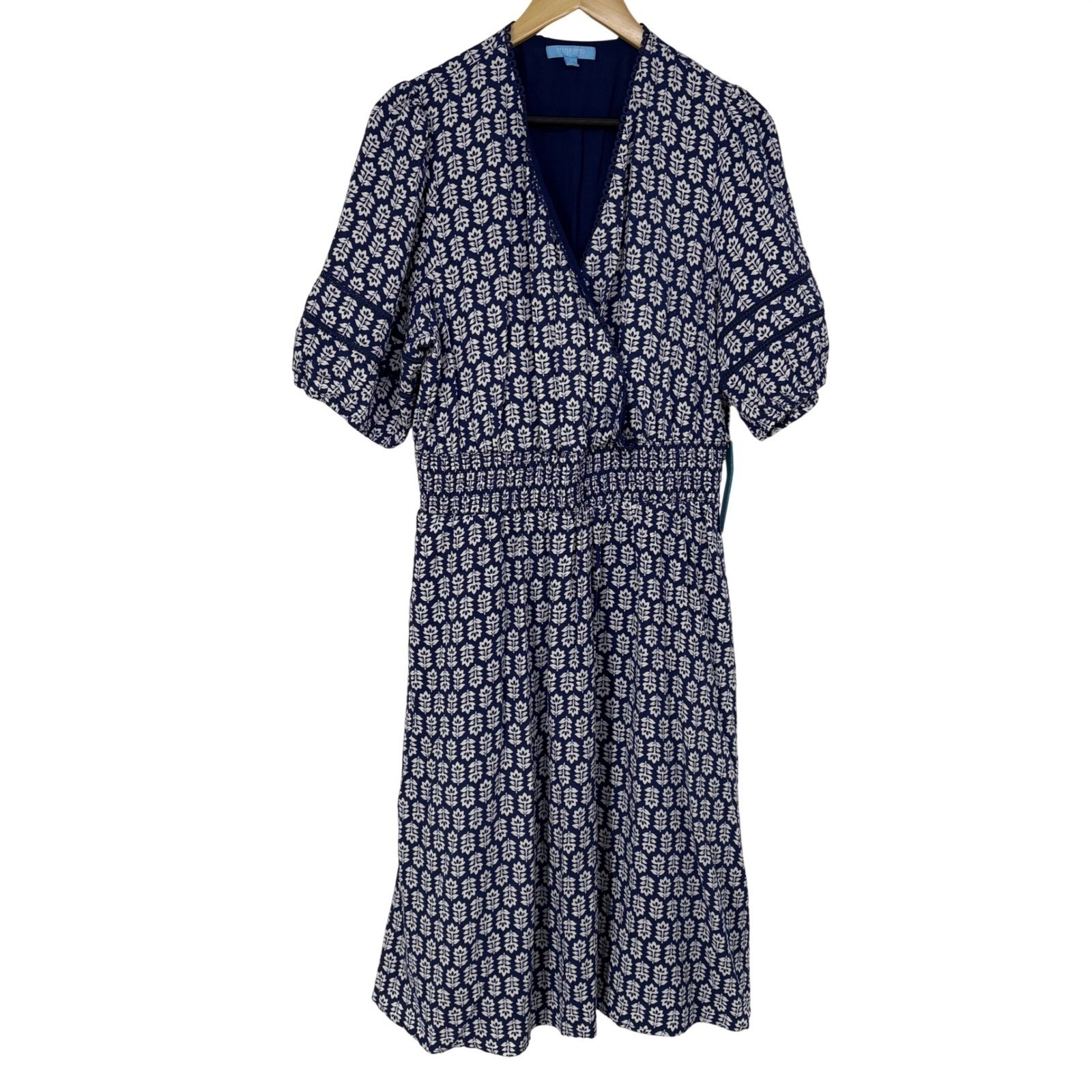 Draper James RSVP Navy White Leaf Print Smocked Waist Midi Dress XL NEW