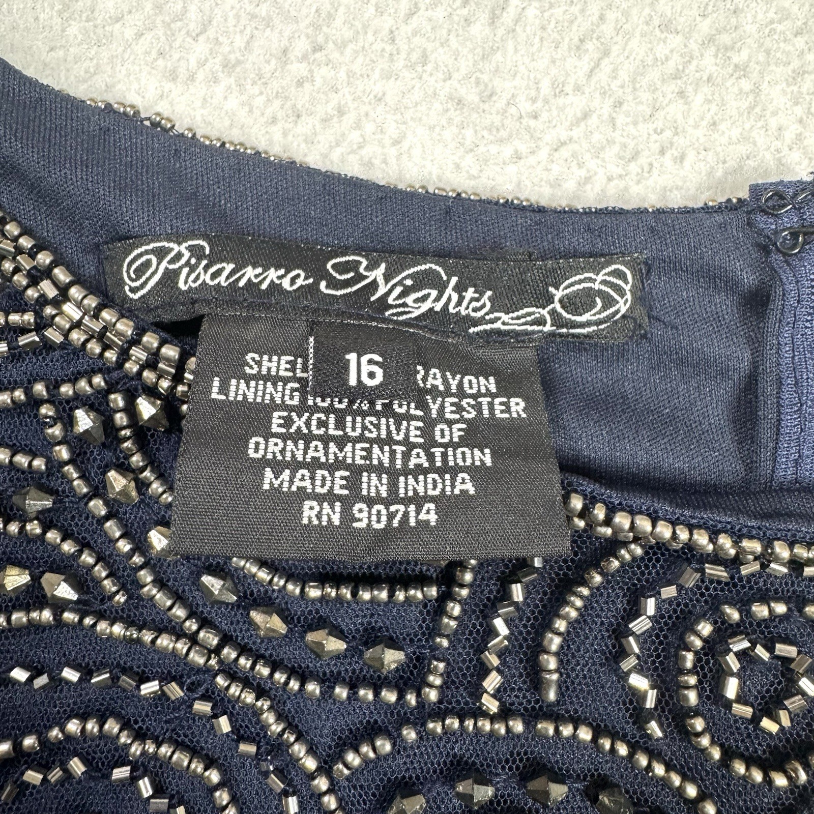 Pisarro Nights Size 16 Beads Blouson Gown Cold Shoulder 3/4 Split Sleeve NavyNWT