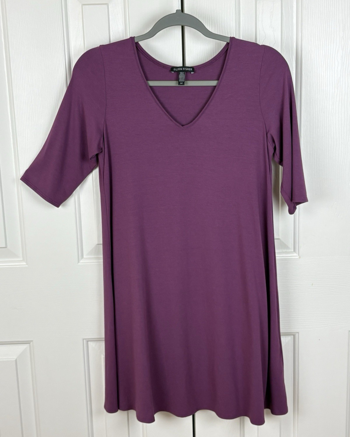 Eileen Fisher Knit Elbow Sleeve Dress Small Purple V Neck Pullover Stretch
