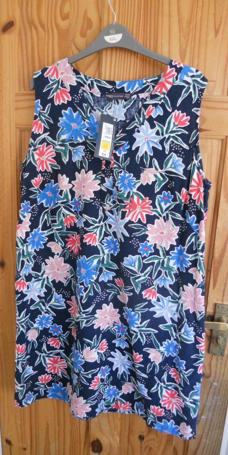 MARKS & SPENCER COLLECTION navy blue PINK MULTI FLORAL linen mix DRESS 16r new