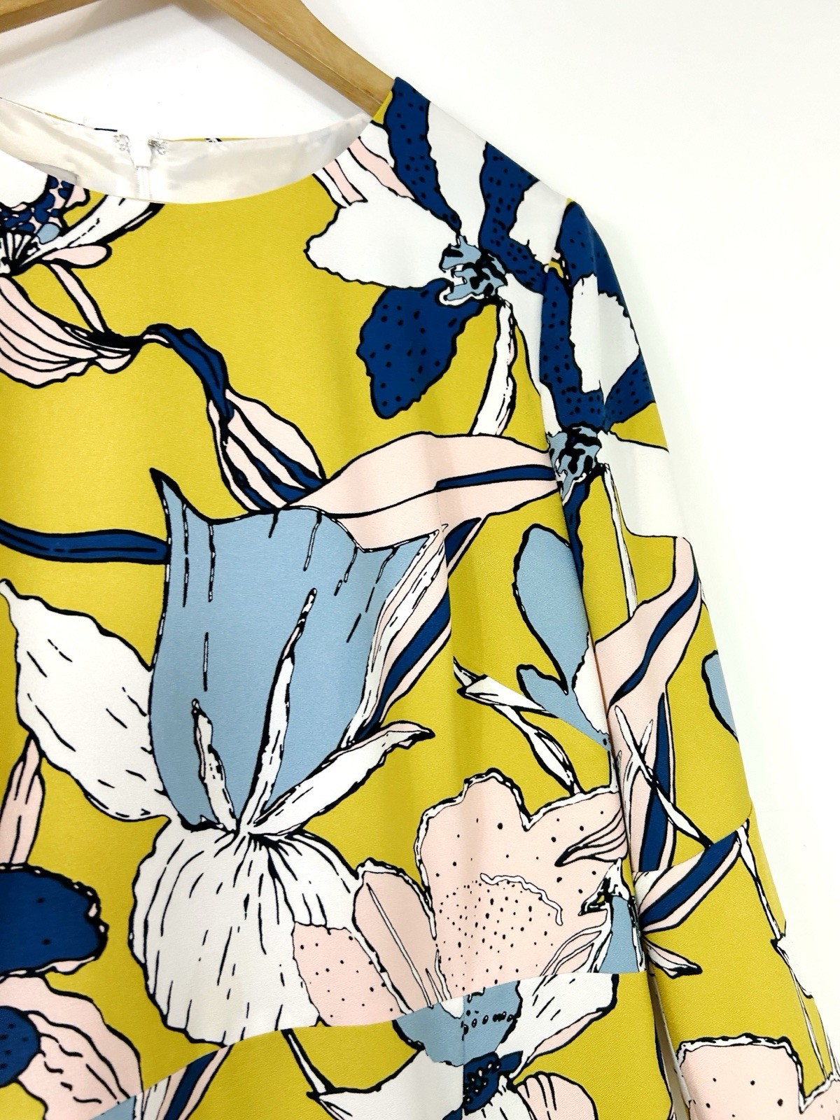 Hobbs Blue Yellow Floral Print 3/4 Sleeve Summer Wedding Pencil Dress UK 14