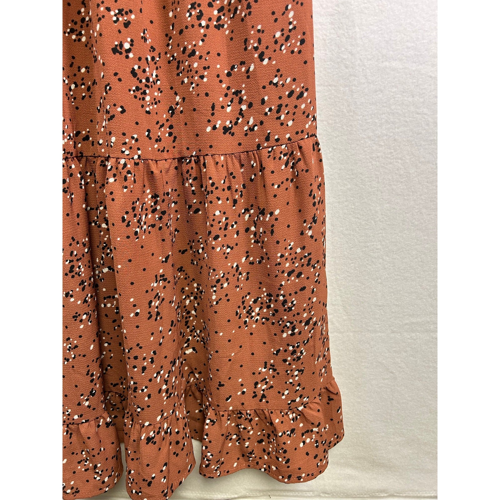 Boho Feminine Brannan Brown Dress – Rust with Black & White Dots, Size L