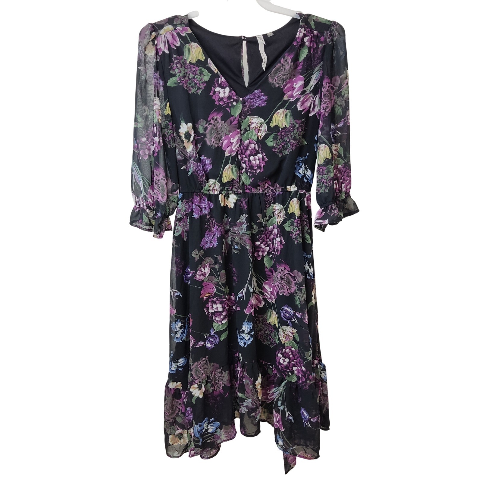 NY Collection Dress Womens L Black Floral Chiffon Midi High-Low Ruffle Sleeve